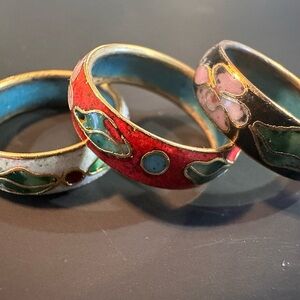 Vintage Cloisonné Red, White, & Black Floral Enamel Rings Set Of 3